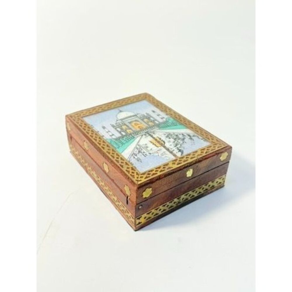 Inlay Wood Trinket Ring Souvenir Box Taj Mahal Wooden Sand Art Agra Traditional - Picture 5 of 16
